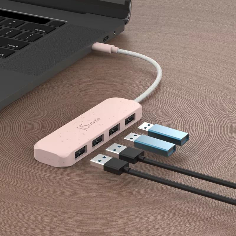 USB-C į 4 prievadų USB-A Gen 2 šakotuvas j5create — 10 Gbps, USB 3.2, rožinis, ABS perdirbtas plastikas, 100×27×19 mm