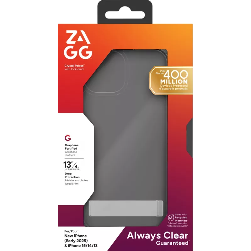 ZAGG Crystal Palace Kickstand Dėklas iPhone 16/15/14/13 Skaidrus, Apsauginis, Apple, iPhone 17e/16e/15/14/13, 15.5 cm (6.1 inch), Peršviečiamas