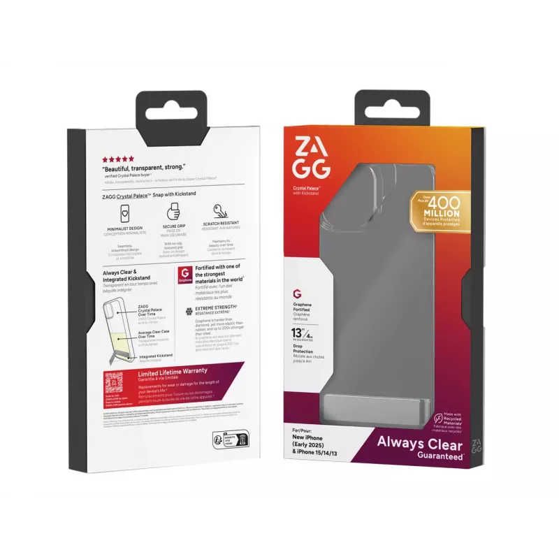 ZAGG Crystal Palace Kickstand Dėklas iPhone 16/15/14/13 Skaidrus, Apsauginis, Apple, iPhone 17e/16e/15/14/13, 15.5 cm (6.1 inch), Peršviečiamas