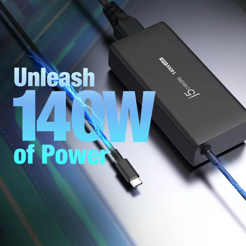 USB-C GaN įkroviklis j5create JUP17140 140W PD3.1, vidaus, juodas, 59×127×30,5 mm