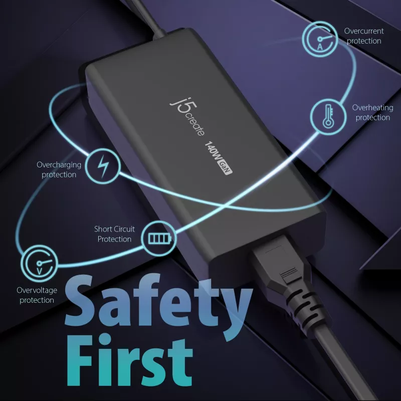 USB-C GaN įkroviklis j5create JUP17140 140W PD3.1, vidaus, juodas, 59×127×30,5 mm