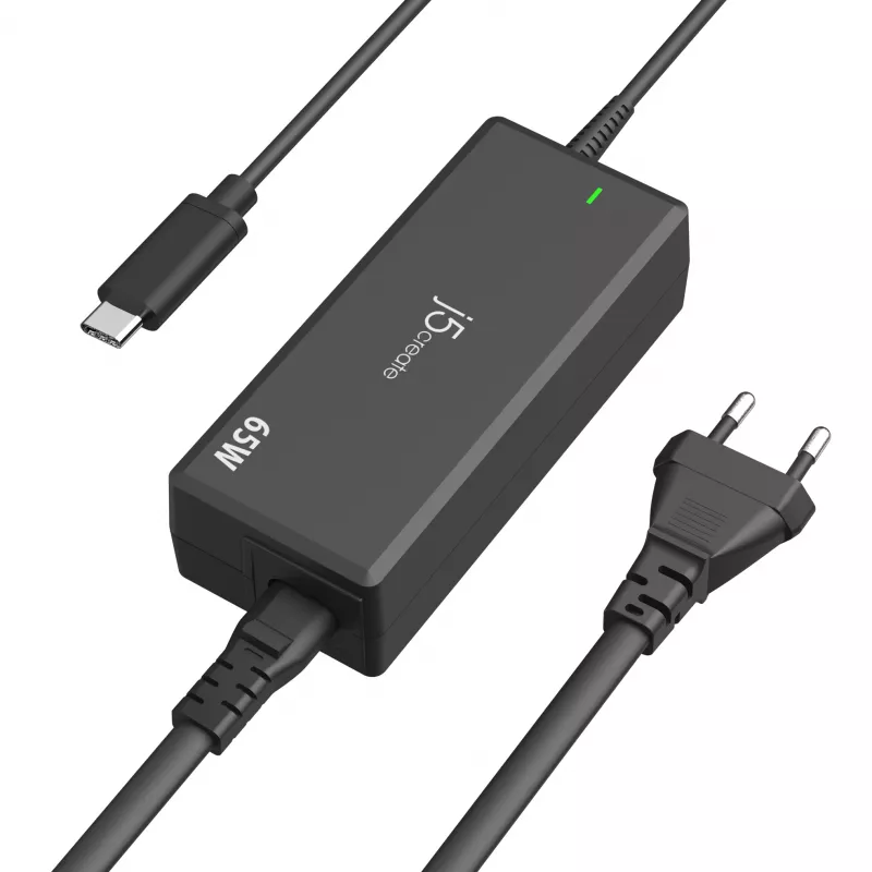 USB-C PD maitinimo adapteris j5create JUP1265 — 65 W, vidaus naudojimui, juodas, plastikinis, 118×32×50 mm (EU)