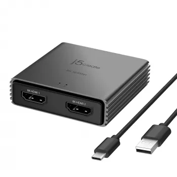 j5create JDSH812 8K HDMI 2.1 2 krypčių skirstytuvas, HDMI, 2x HDMI, 7680 x 4320 pikselių, Pilka, Aliuminis, 8K Ultra HD