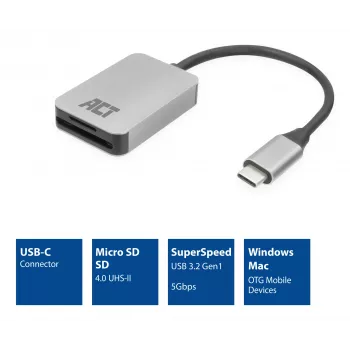 Kortelių skaitytuvas ACT AC7056 USB 3.2 Gen 1 Type-C pilkas, MicroSD SD