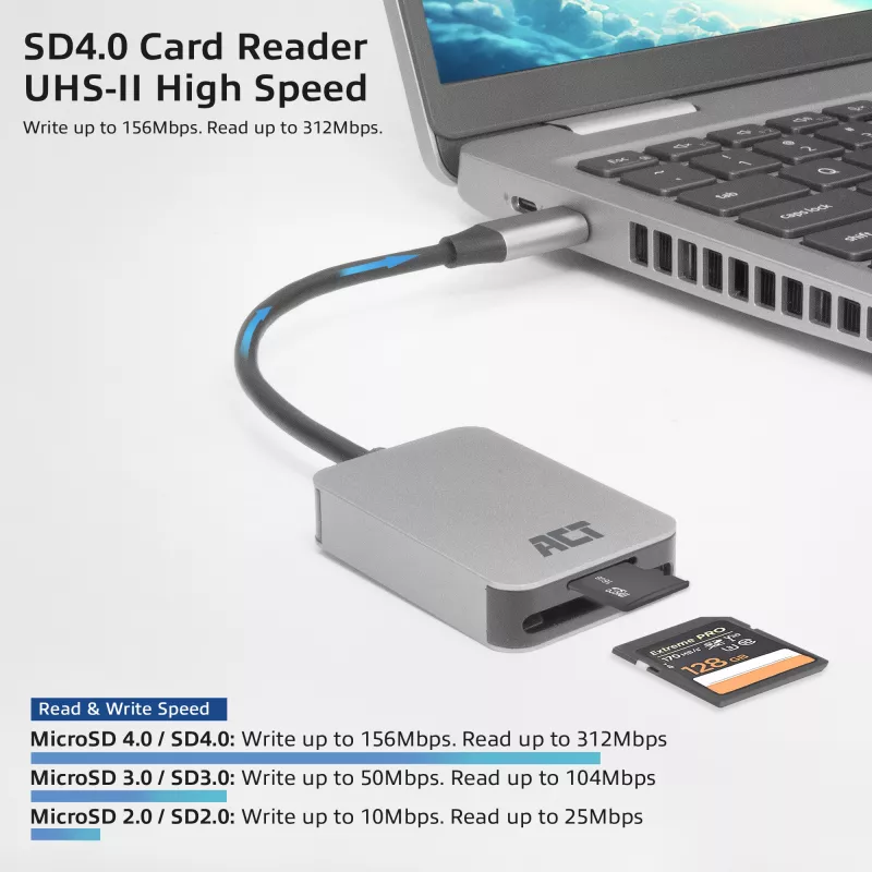 Kortelių skaitytuvas ACT AC7056 USB 3.2 Gen 1 Type-C pilkas, MicroSD SD
