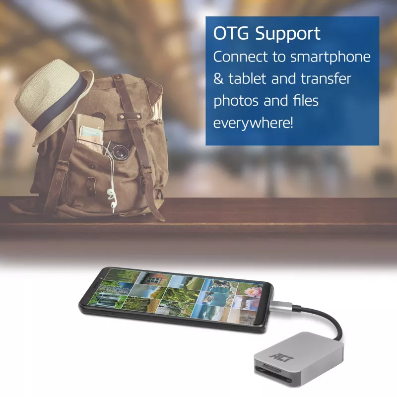 Kortelių skaitytuvas ACT AC7056 USB 3.2 Gen 1 Type-C pilkas, MicroSD SD