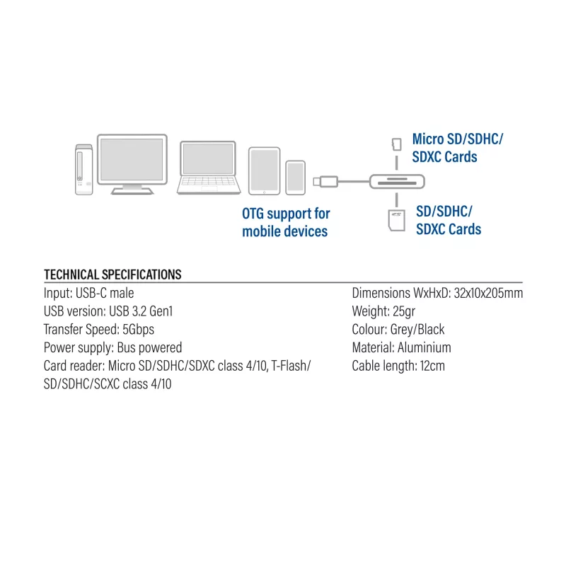 Kortelių skaitytuvas ACT AC7056 USB 3.2 Gen 1 Type-C pilkas, MicroSD SD