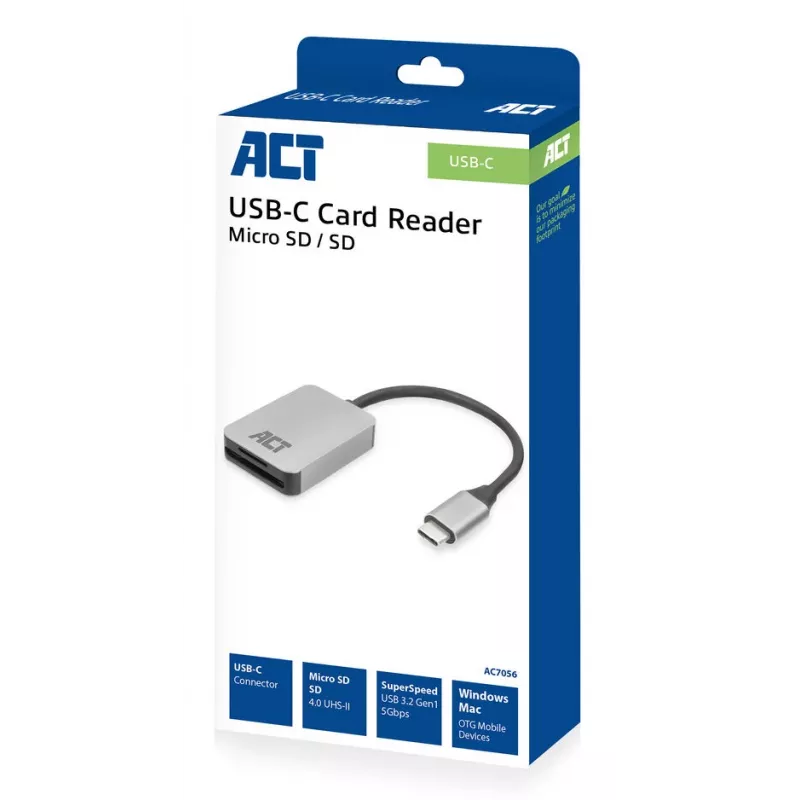 Kortelių skaitytuvas ACT AC7056 USB 3.2 Gen 1 Type-C pilkas, MicroSD SD