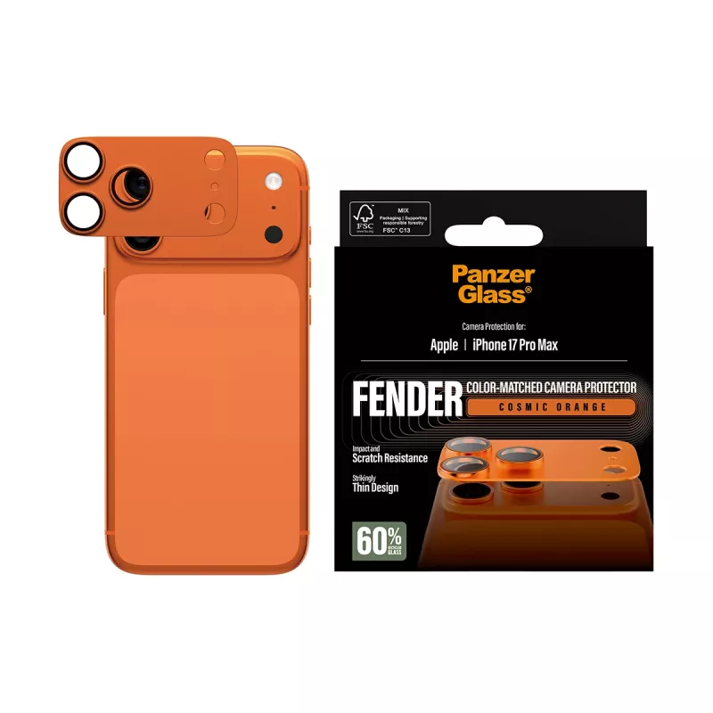 PanzerGlass Fender kameros apsauga, iPhone 17 Pro Max, silikoninė, Cosmic Orange, atspari įbrėžimams ir smūgiams