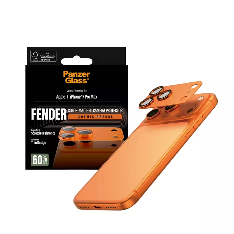 PanzerGlass Fender kameros apsauga, iPhone 17 Pro Max, silikoninė, Cosmic Orange, atspari įbrėžimams ir smūgiams