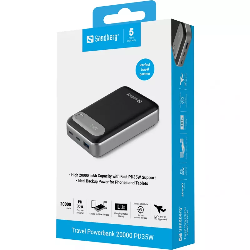 Sandberg Travel Powerbank 20000 PD35W, 20000 mAh, LiPo, 3.7 V, juoda, sidabrinė