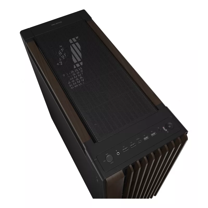 ASUS ProArt PA602 Wood Edition Midi Tower korpusas – juoda ir mediena, ATX/EATX, 2×200 mm priekyje, 1×140 mm gale
