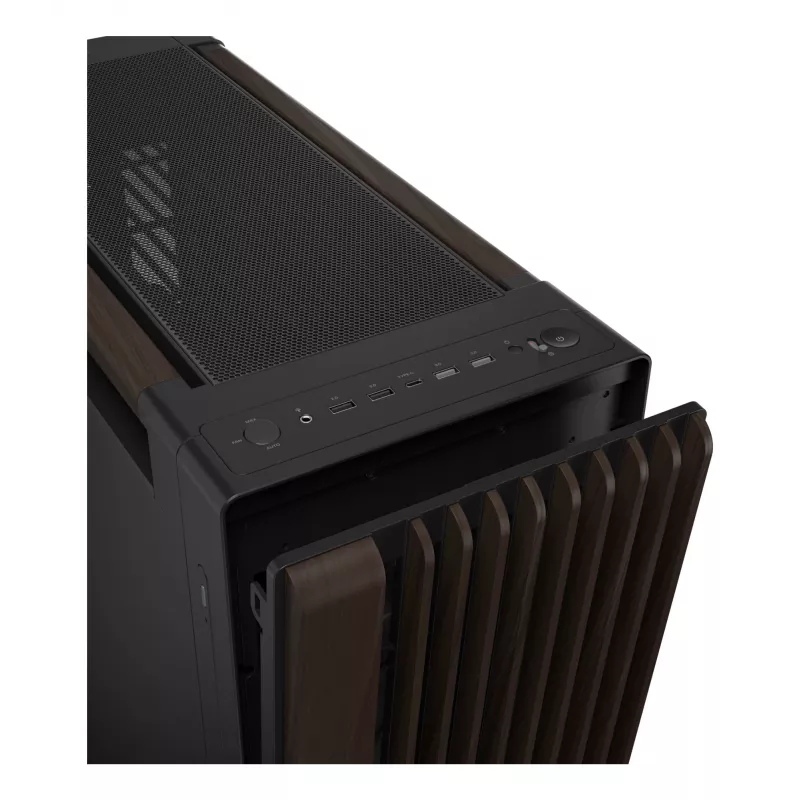 ASUS ProArt PA602 Wood Edition Midi Tower korpusas – juoda ir mediena, ATX/EATX, 2×200 mm priekyje, 1×140 mm gale
