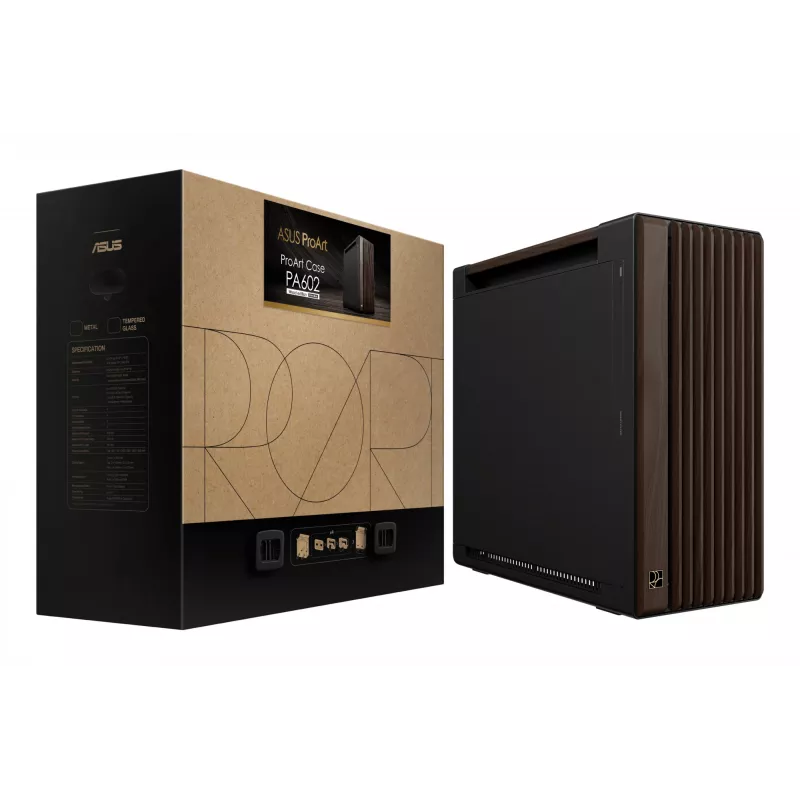 ASUS ProArt PA602 Wood Edition Midi Tower korpusas – juoda ir mediena, ATX/EATX, 2×200 mm priekyje, 1×140 mm gale