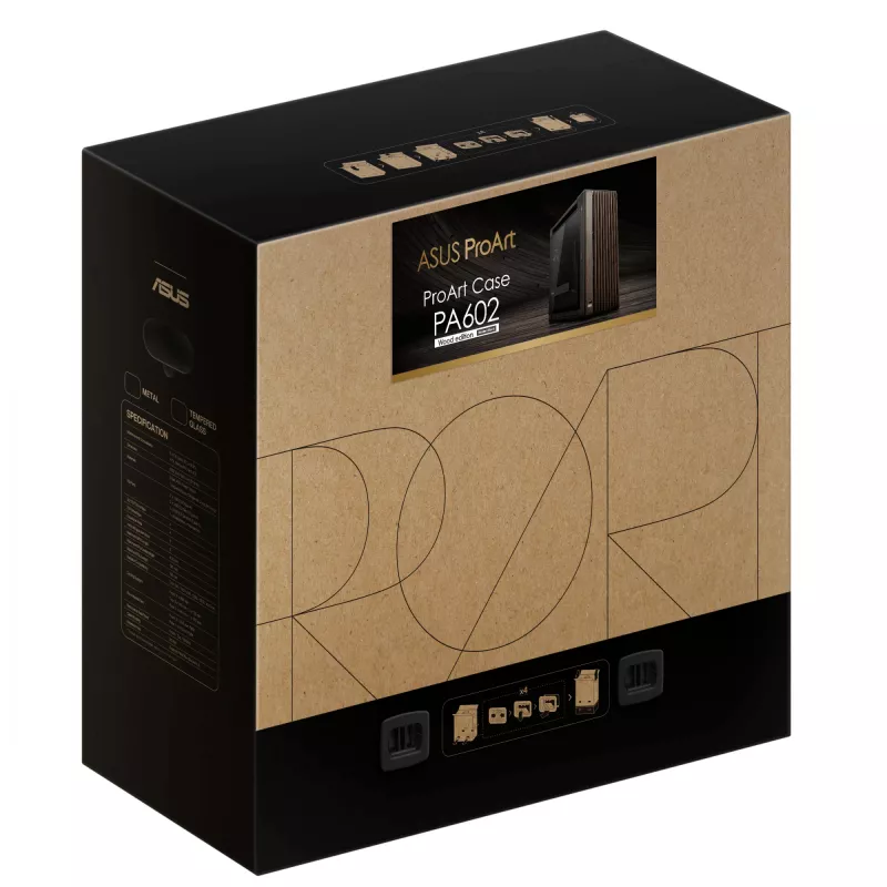 ASUS ProArt PA602 Wood Edition Modern Black - korpusas Midi Tower su grūdinto stiklo šoniniu dangčiu, juodas, medinis