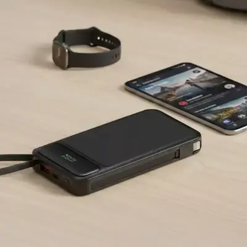 Powerbank MediaRange MRMA753 10 000 mAh LiPo su integruotais kabeliais, LC ekranu, USB-C PD ir Quick Charge, juoda