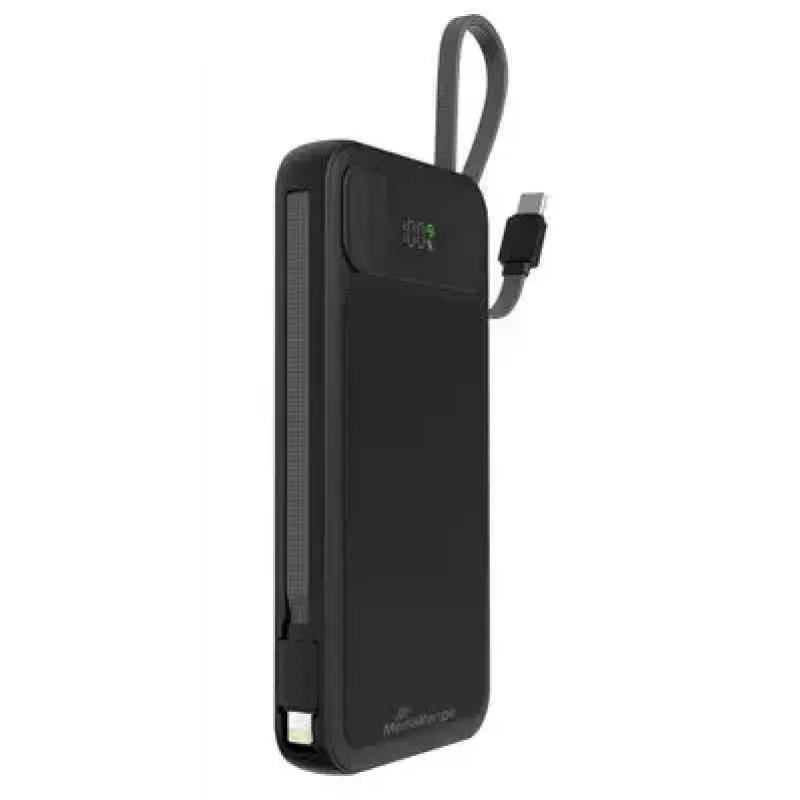 Powerbank MediaRange MRMA753 10 000 mAh LiPo su integruotais kabeliais, LC ekranu, USB-C PD ir Quick Charge, juoda