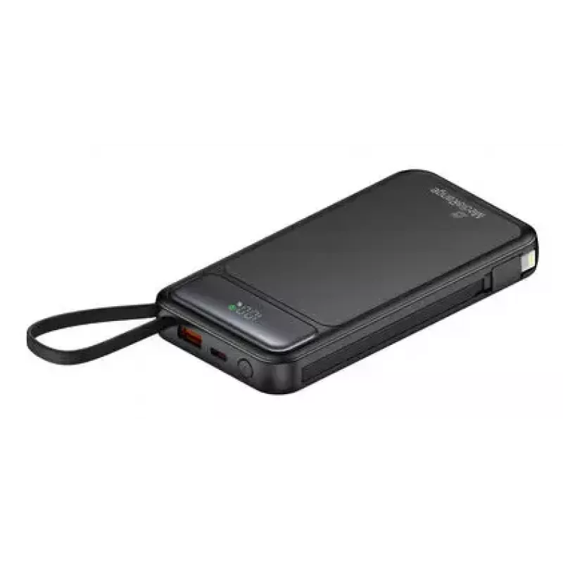 Powerbank MediaRange MRMA753 10 000 mAh LiPo su integruotais kabeliais, LC ekranu, USB-C PD ir Quick Charge, juoda