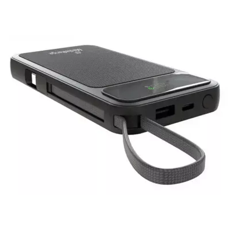 Powerbank MediaRange MRMA753 10 000 mAh LiPo su integruotais kabeliais, LC ekranu, USB-C PD ir Quick Charge, juoda