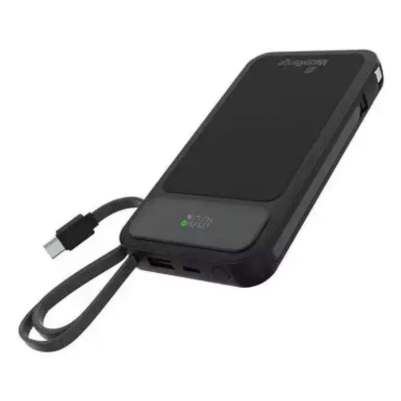 Powerbank MediaRange MRMA753 10 000 mAh LiPo su integruotais kabeliais, LC ekranu, USB-C PD ir Quick Charge, juoda