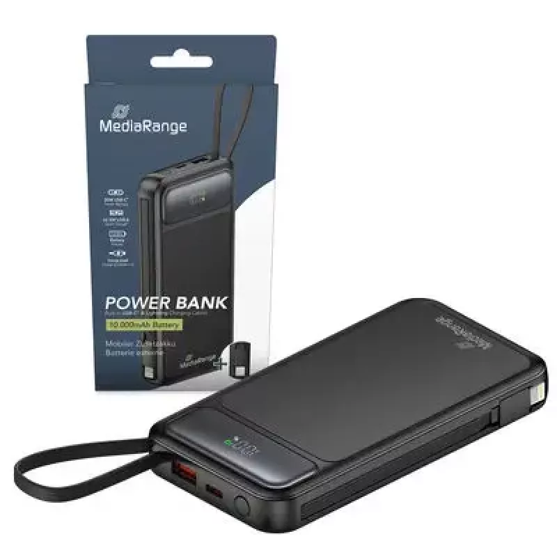 Powerbank MediaRange MRMA753 10 000 mAh LiPo su integruotais kabeliais, LC ekranu, USB-C PD ir Quick Charge, juoda