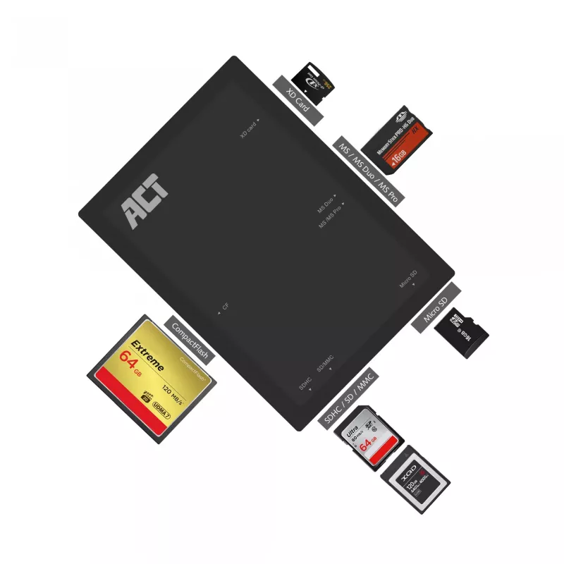ACT AC6370 USB 3.0 kortelių skaitytuvas CF MMC MS Duo MicroSD SDHC juodas