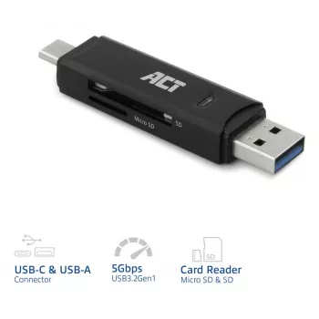 Kortelių skaitytuvas ACT USB-C/USB-A 3.0 juodas