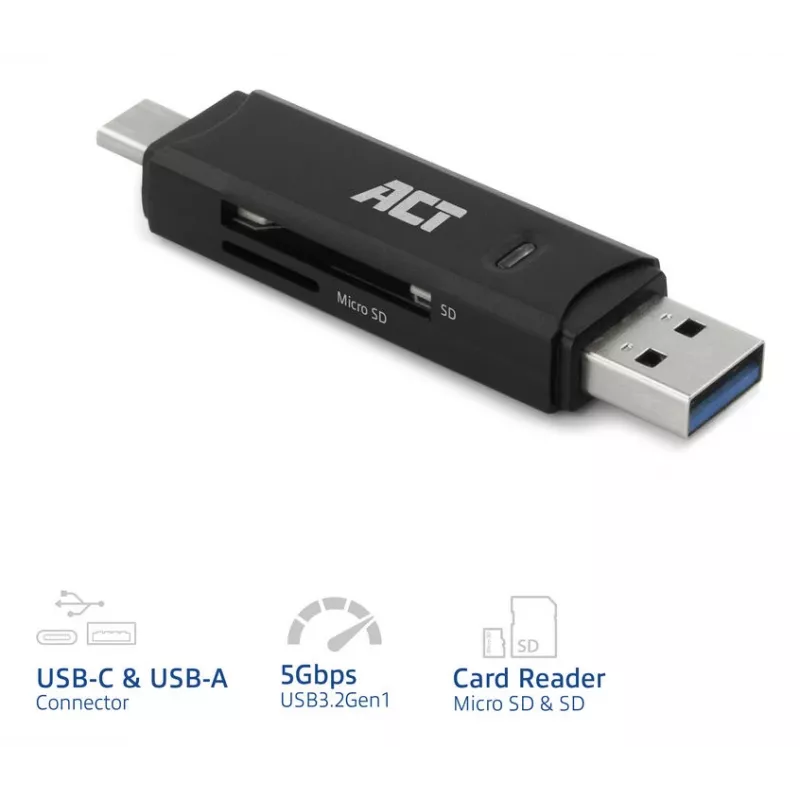 Kortelių skaitytuvas ACT USB-C/USB-A 3.0 juodas