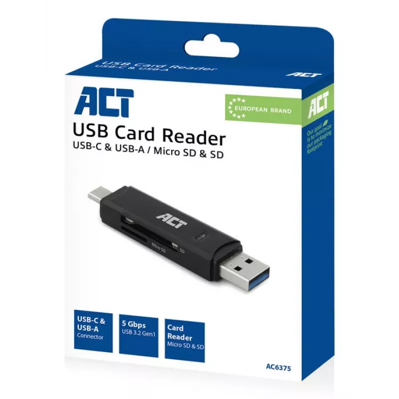 Kortelių skaitytuvas ACT USB-C/USB-A 3.0 juodas