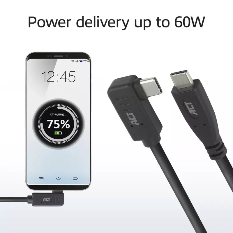 ACT USB 3.0 10Gbps 60W USB Type-C (tiesus) į USB Type-C (kairysis/dešinysis lenktas) laidas, 0,5 m
