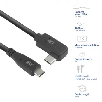 ACT USB 3.0 10Gbps 60W USB Type-C (tiesus) į USB Type-C (kairysis/dešinysis lenktas) laidas, 3 metrai