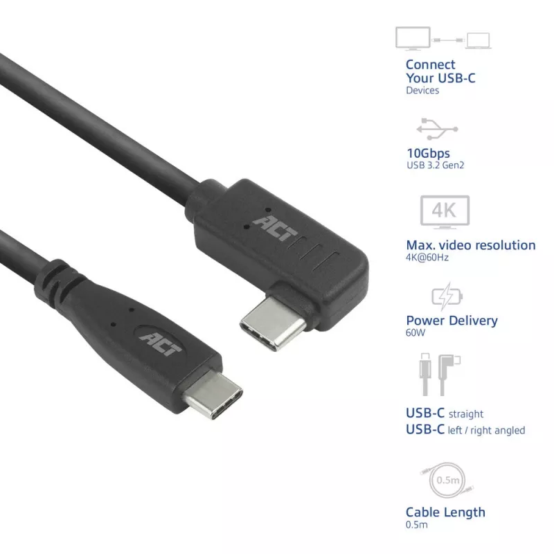 ACT USB 3.0 10Gbps 60W USB Type-C (tiesus) į USB Type-C (kairysis/dešinysis lenktas) laidas, 3 metrai