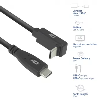 ACT USB 3.0 10Gbps 60W USB Type-C (tiesus) į USB Type-C (kampinis aukštyn/žemyn) laidas, 0,5 m
