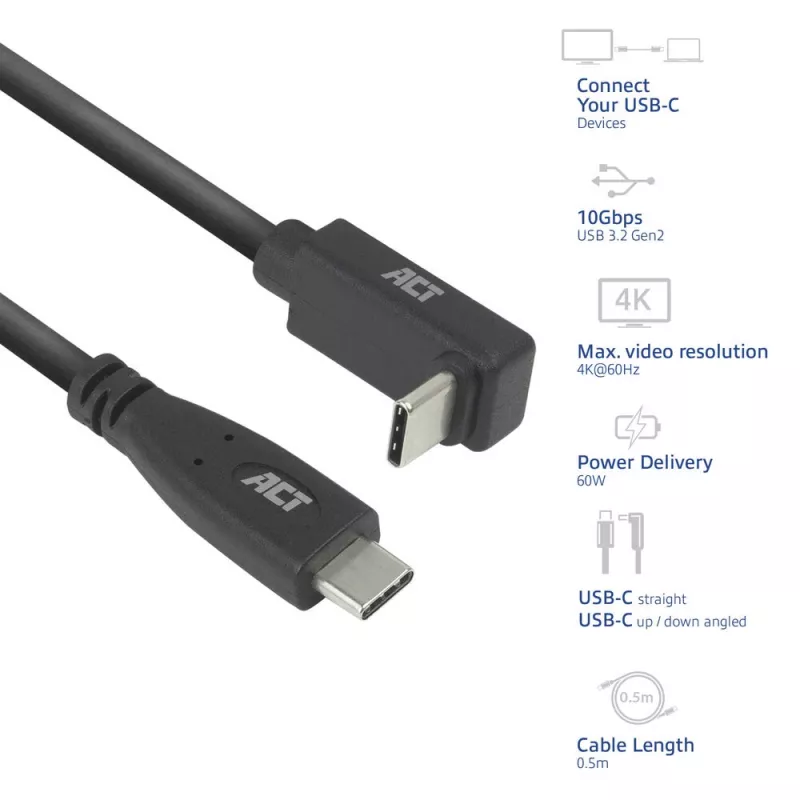 ACT USB 3.0 10Gbps 60W USB Type-C (tiesus) į USB Type-C (kampinis aukštyn/žemyn) laidas, 1 m
