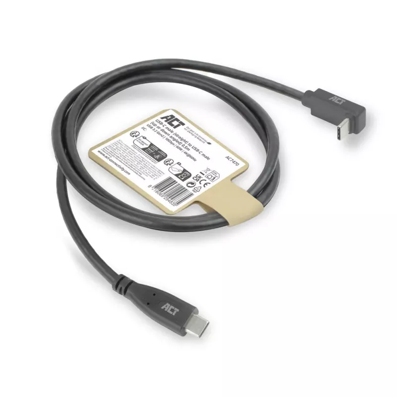ACT USB 3.0 10Gbps 60W USB Type-C (tiesus) į USB Type-C (kampinis aukštyn/žemyn) laidas, 1 m