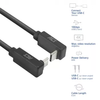 ACT USB 3.0 10Gbps 60W USB Type-C (viršus/apačia kampuotas) į USB Type-C (viršus/apačia kampuotas) laidas, 0,5 m