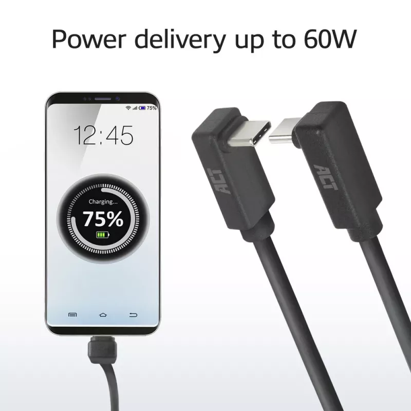 ACT USB 3.0 10Gbps 60W USB Type-C (viršus/apačia kampuotas) į USB Type-C (viršus/apačia kampuotas) laidas, 0,5 m