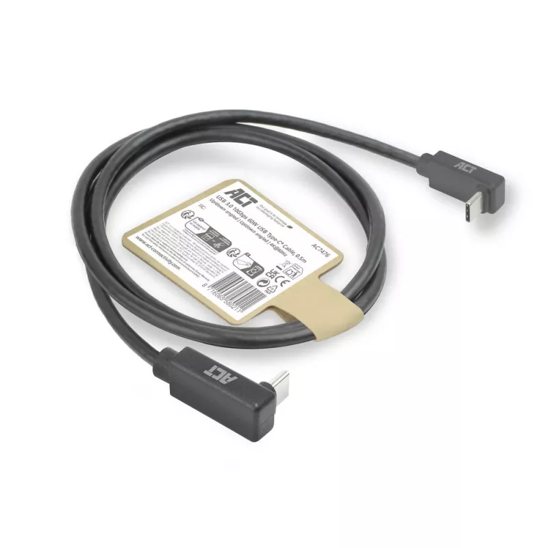 ACT USB 3.0 10Gbps 60W USB Type-C (viršus/apačia kampuotas) į USB Type-C (viršus/apačia kampuotas) laidas, 0,5 m
