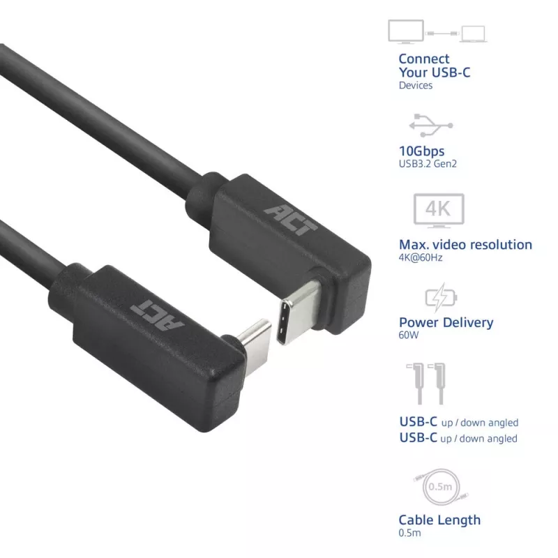ACT USB 3.0 10Gbps 60W USB Type-C (kampuotas aukštyn/žemyn) į USB Type-C (kampuotas aukštyn/žemyn) laidas, 2 m