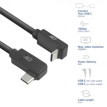 ACT USB 3.0 10Gbps 60W USB Type-C (kairysis/dešinysis kampinis) į USB Type-C (viršutinis/apatinis kampinis) laidas, 1 m