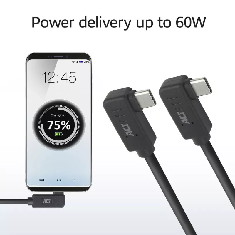 ACT USB 3.0 10Gbps 60W USB Type-C (kairysis/dešinysis kampinis) į USB Type-C (kairysis/dešinysis kampinis) laidas, 0,5 m