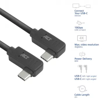 ACT USB 3.0 10Gbps 60W USB Type-C (kairysis/dešinysis lenktas) į USB Type-C (kairysis/dešinysis lenktas) laidas, 1 m