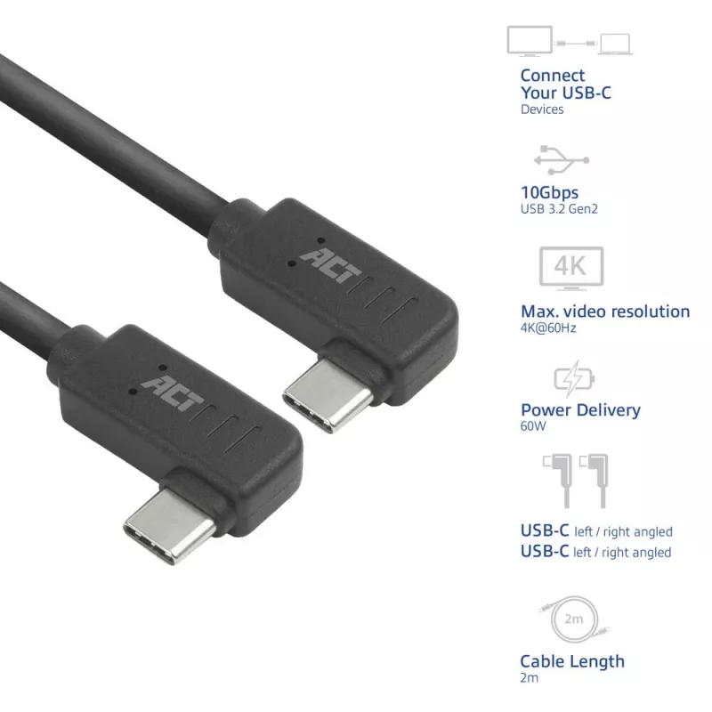ACT USB 3.0 10Gbps 60W USB Type-C (kairysis/dešinysis lenktas) į USB Type-C (kairysis/dešinysis lenktas) laidas, 1 m