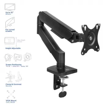 Monitoriaus rankena ACT 35 colių ekranams, dujinė spyruoklė, vienas monitorius, spaustuvas/per angą, iki 9 kg, VESA 75x75–100x100, pakreipimas ±45°, juoda