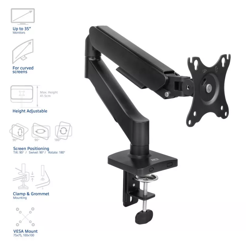 Monitoriaus rankena ACT 35 colių ekranams, dujinė spyruoklė, vienas monitorius, spaustuvas/per angą, iki 9 kg, VESA 75x75–100x100, pakreipimas ±45°, juoda
