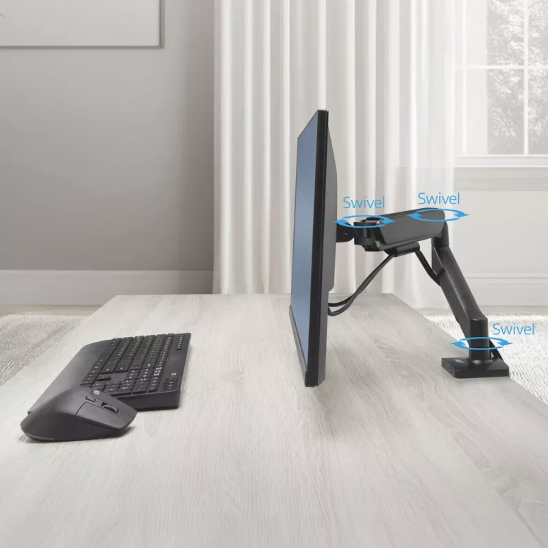 Monitoriaus rankena ACT 35 colių ekranams, dujinė spyruoklė, vienas monitorius, spaustuvas/per angą, iki 9 kg, VESA 75x75–100x100, pakreipimas ±45°, juoda