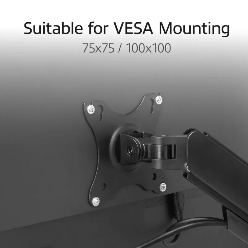 Monitoriaus rankena ACT 35 colių ekranams, dujinė spyruoklė, vienas monitorius, spaustuvas/per angą, iki 9 kg, VESA 75x75–100x100, pakreipimas ±45°, juoda