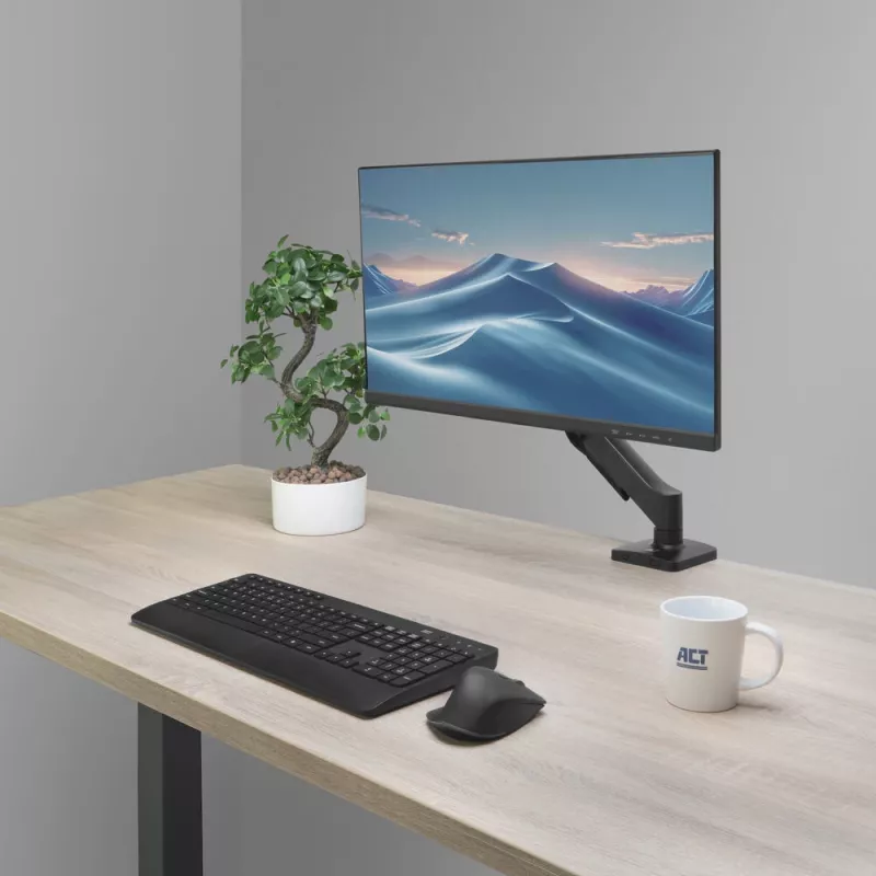 Monitoriaus rankena ACT 35 colių ekranams, dujinė spyruoklė, vienas monitorius, spaustuvas/per angą, iki 9 kg, VESA 75x75–100x100, pakreipimas ±45°, juoda