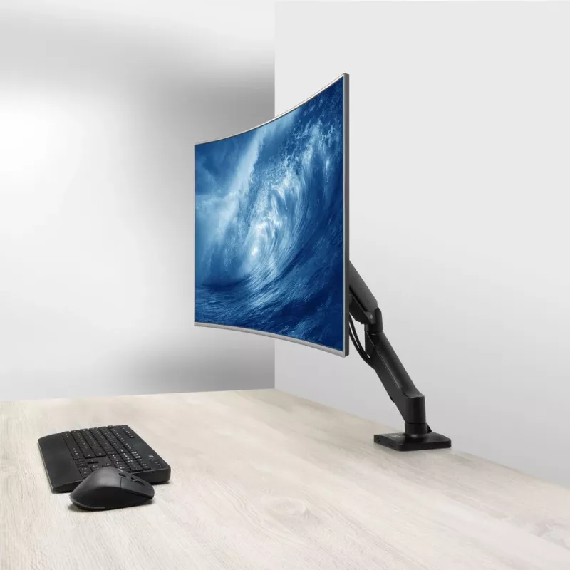 Monitoriaus rankena ACT 35 colių ekranams, dujinė spyruoklė, vienas monitorius, spaustuvas/per angą, iki 9 kg, VESA 75x75–100x100, pakreipimas ±45°, juoda
