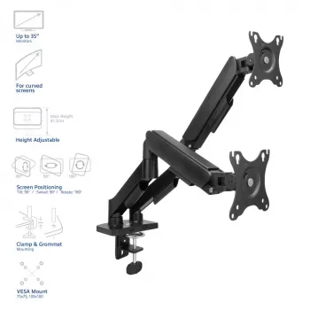 ACT monitorių laikiklis 35 colių, dujinis, 2 monitoriams, Essentials, Clamp/Grommet, 18 kg, 43,2 cm (17 inch), 88,9 cm (35 inch), 100 x 100 mm, juodas